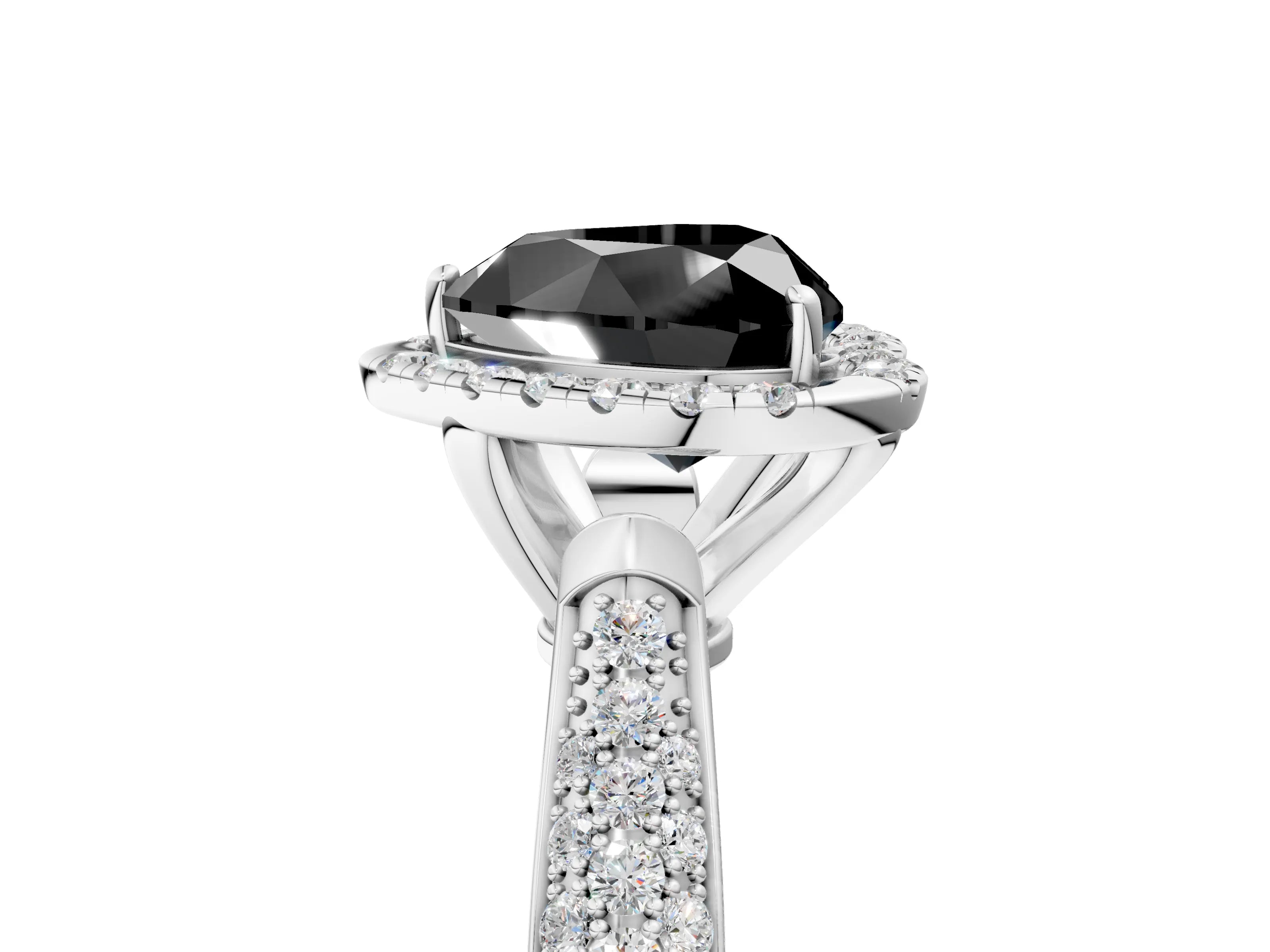 White gold Fancy Black Heart Cut Halo Diamond Ring with Pavé Band_17