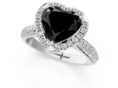 White gold Fancy Black Heart Cut Halo Diamond Ring with Pavé Band_1
