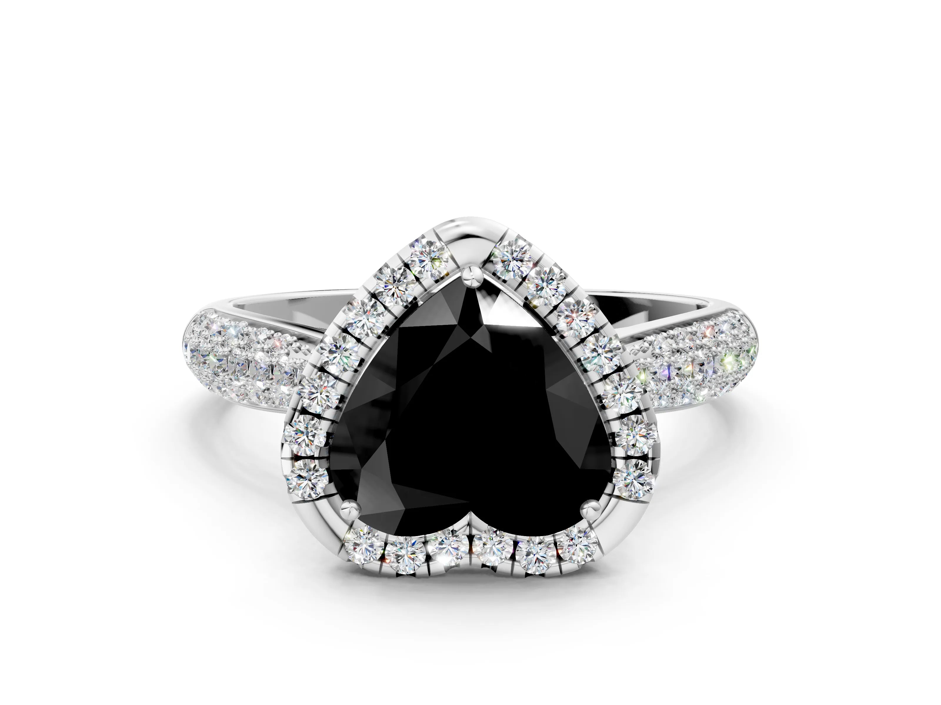White gold Fancy Black Heart Cut Halo Diamond Ring with Pavé Band