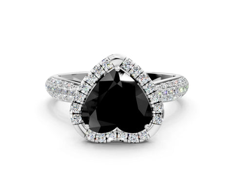 White gold Fancy Black Heart Cut Halo Diamond Ring with Pavé Band
