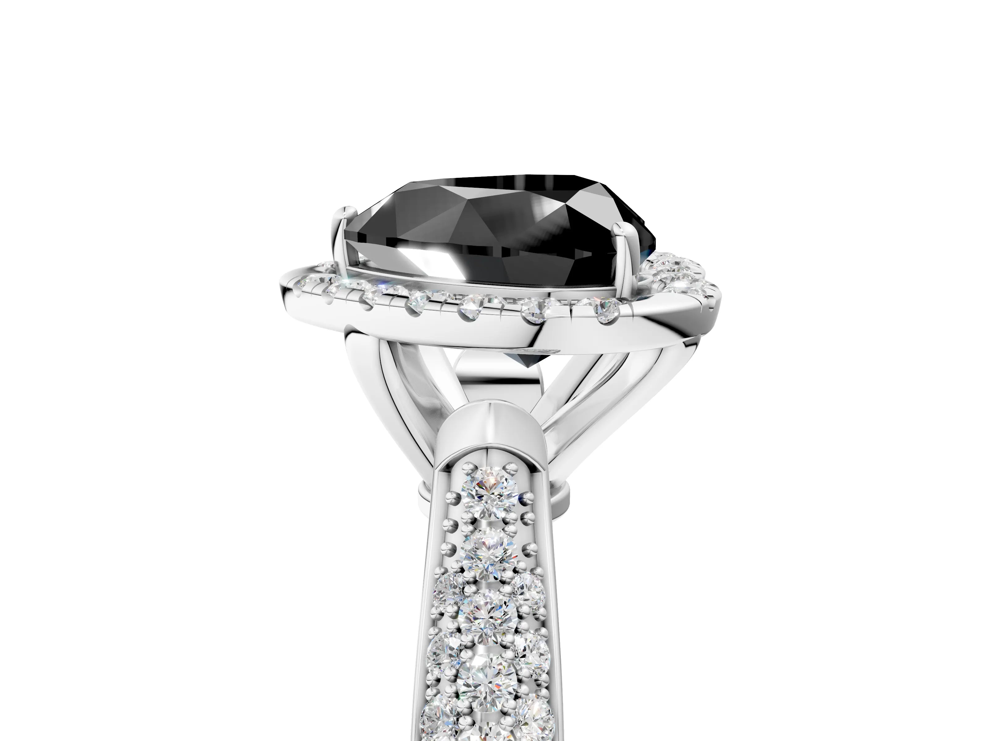 White gold Fancy Black Heart Cut Halo Diamond Ring with Pavé Band_5