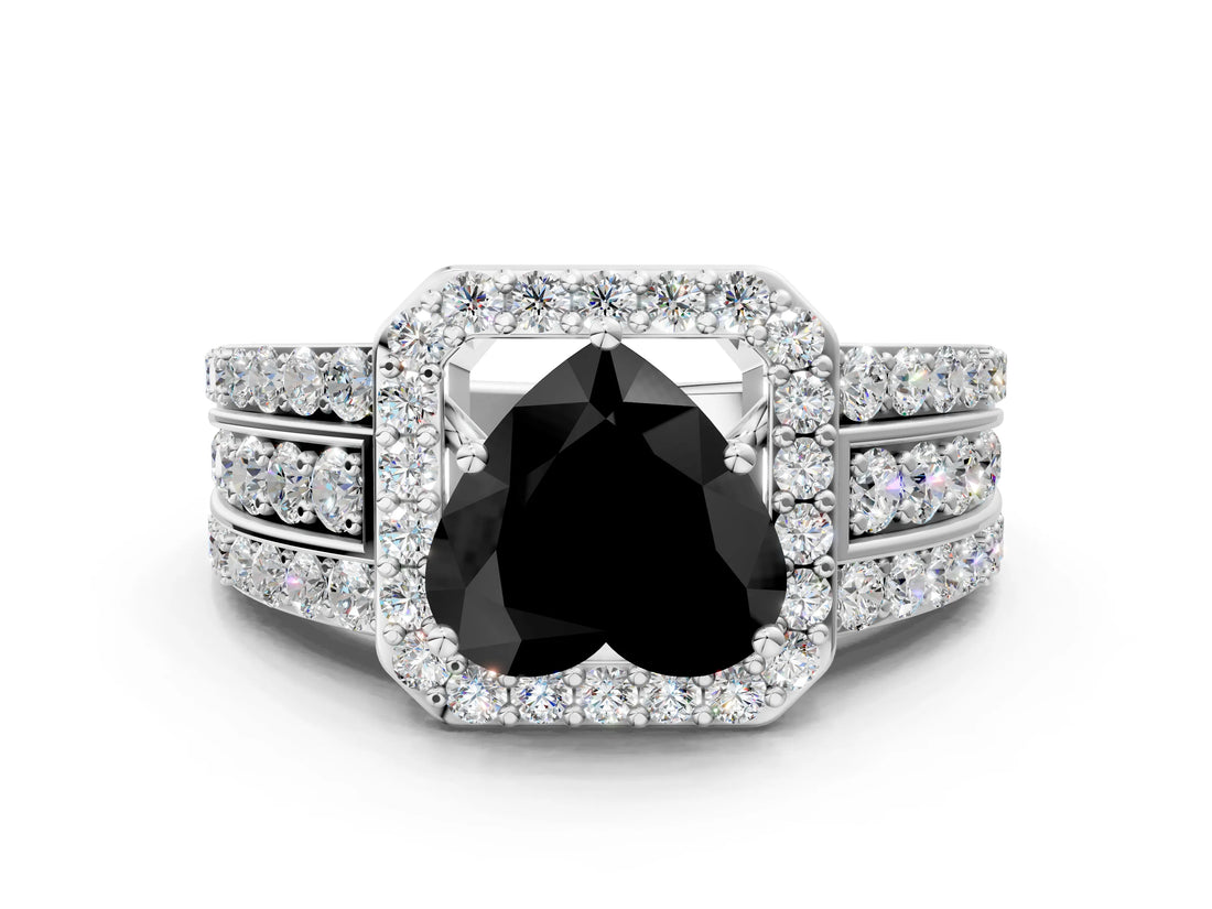 White gold Fancy Black Heart Cut Halo Diamond Ring with Round  Split Shank and Prong Setting_48