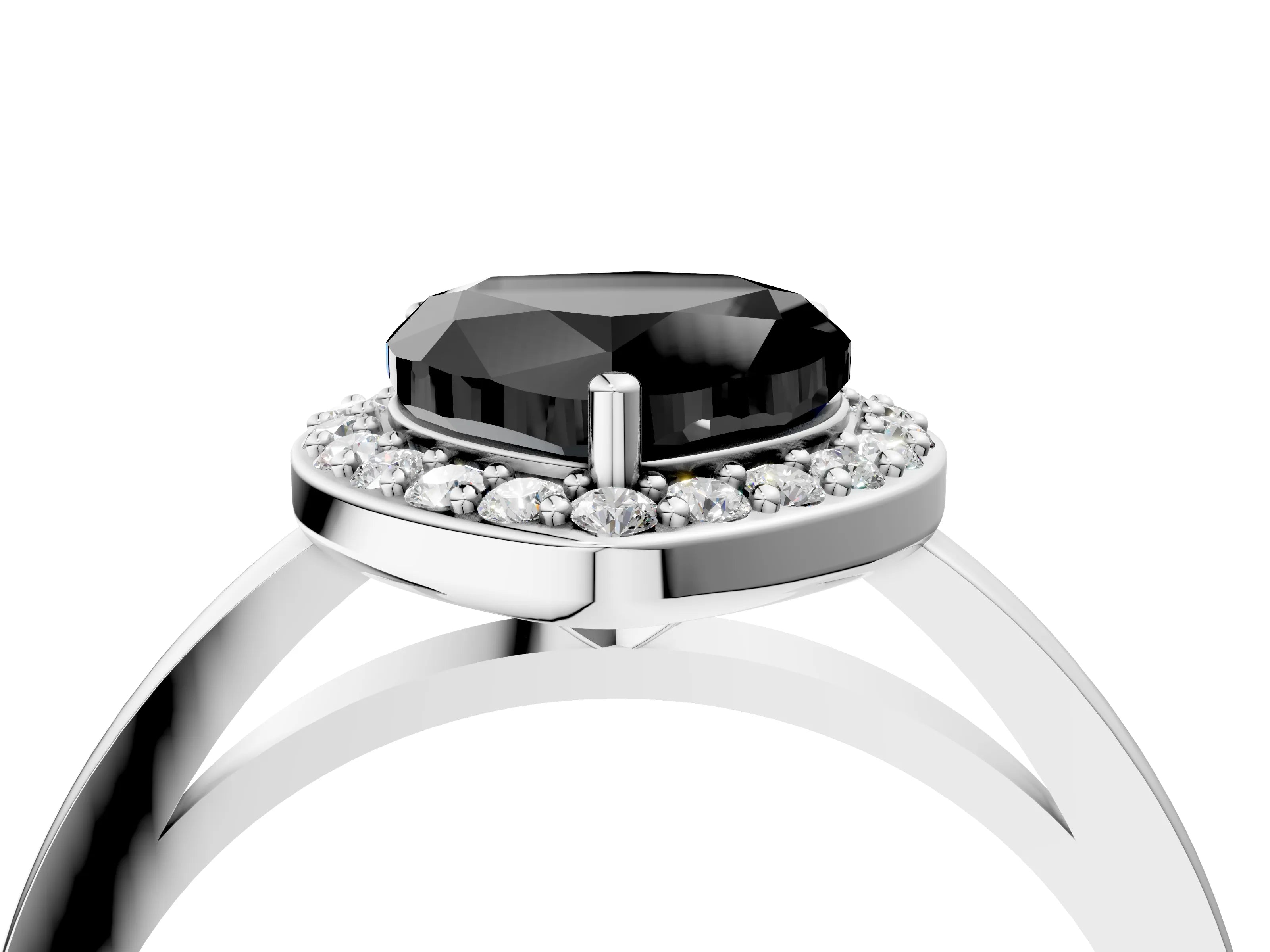 White gold Fancy Black Heart Cut Halo Diamond Ring with Solitaire Band and Prong Setting_4