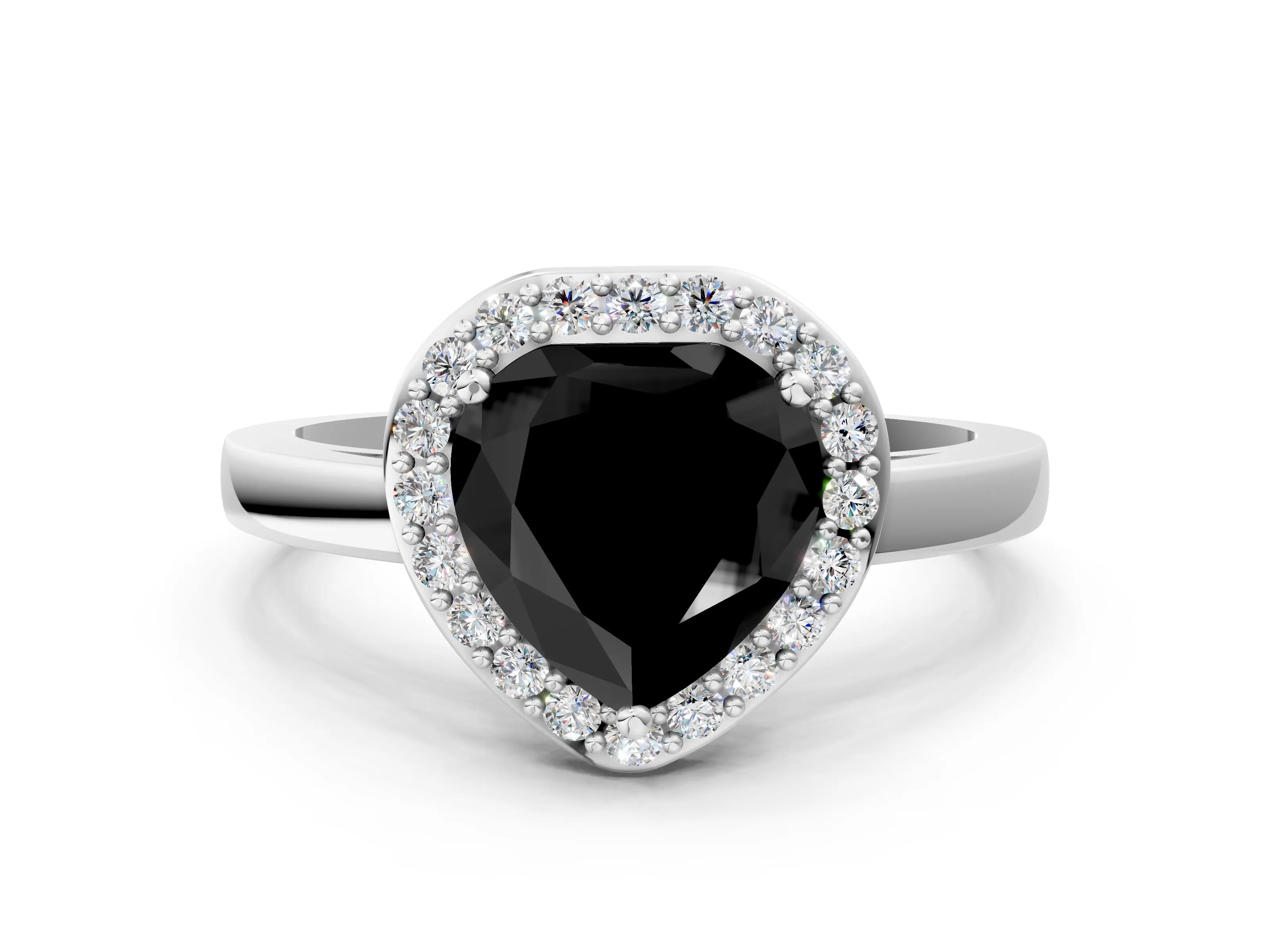 White gold Fancy Black Heart Cut Halo Diamond Ring with Solitaire Band and Prong Setting