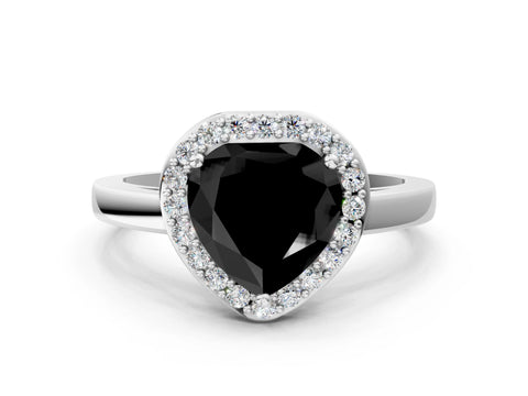 White gold Fancy Black Heart Cut Halo Diamond Ring with Solitaire Band and Prong Setting