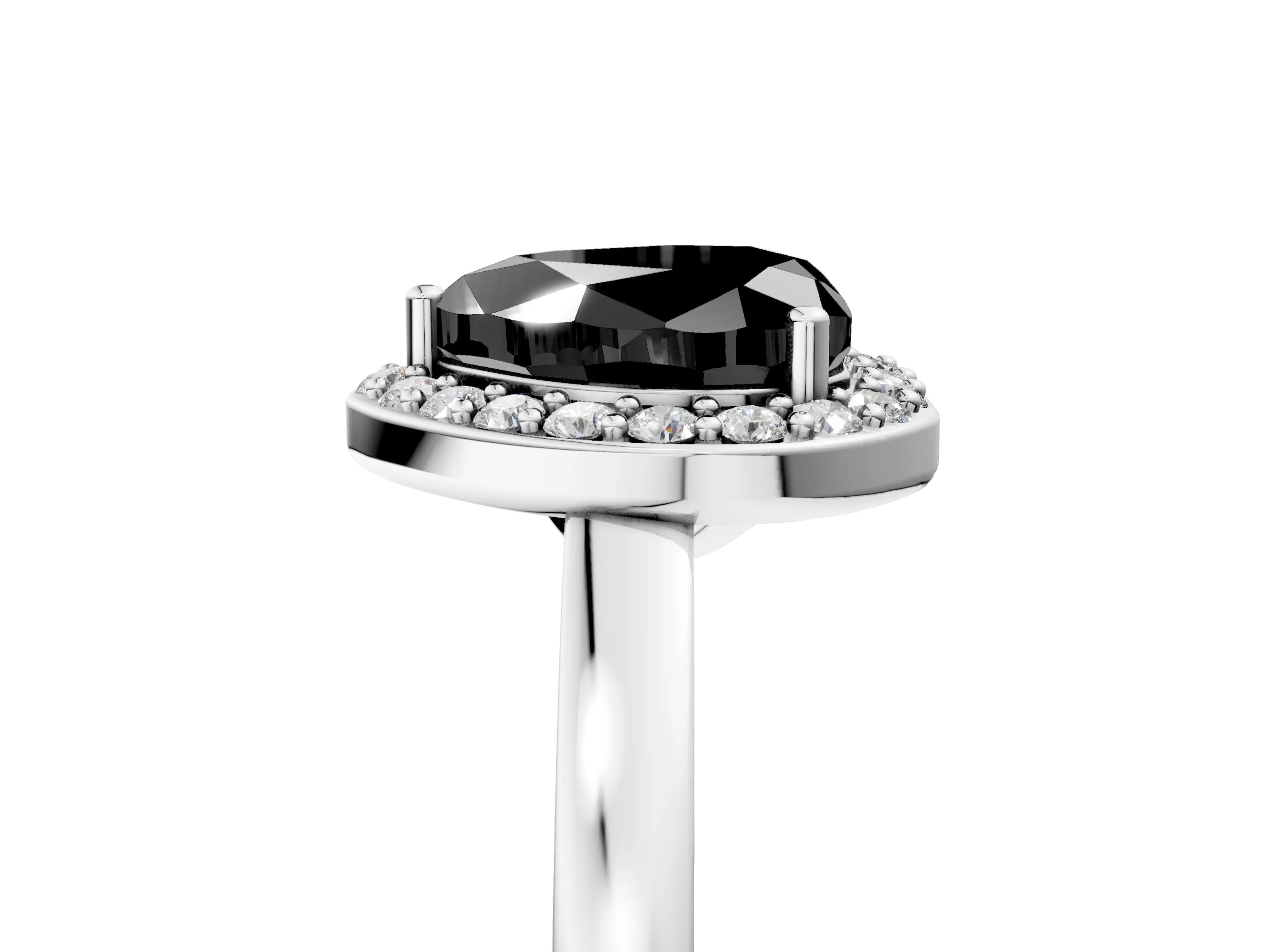 White gold Fancy Black Heart Cut Halo Diamond Ring with Solitaire Band and Prong Setting_5