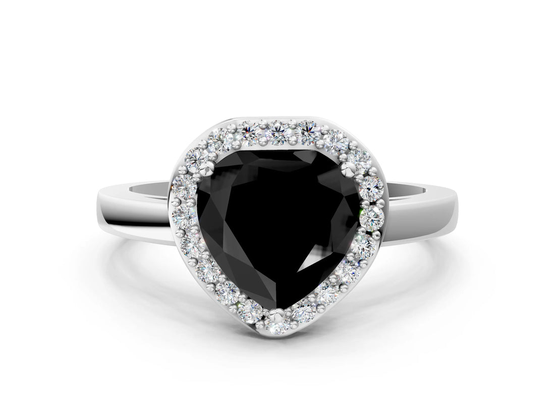 White gold Fancy Black Heart Cut Halo Diamond Ring with Solitaire Band and Prong Setting