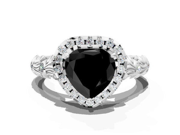 Platinum Heart-Shaped Halo Engagement Ring Setting for Black Center with Leaf Band