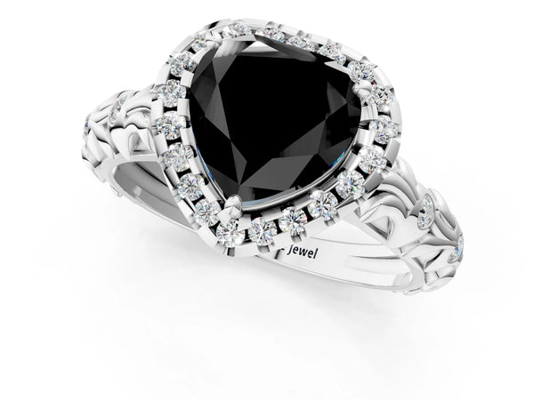 White Gold Heart-Shaped Halo Engagement Ring Setting for Black Center with Leaf Band
