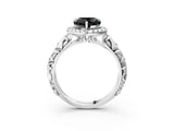 White gold Fancy Black Heart Cut Halo Diamond Solitaire with Filigree Band and Four-Prong Setting_3