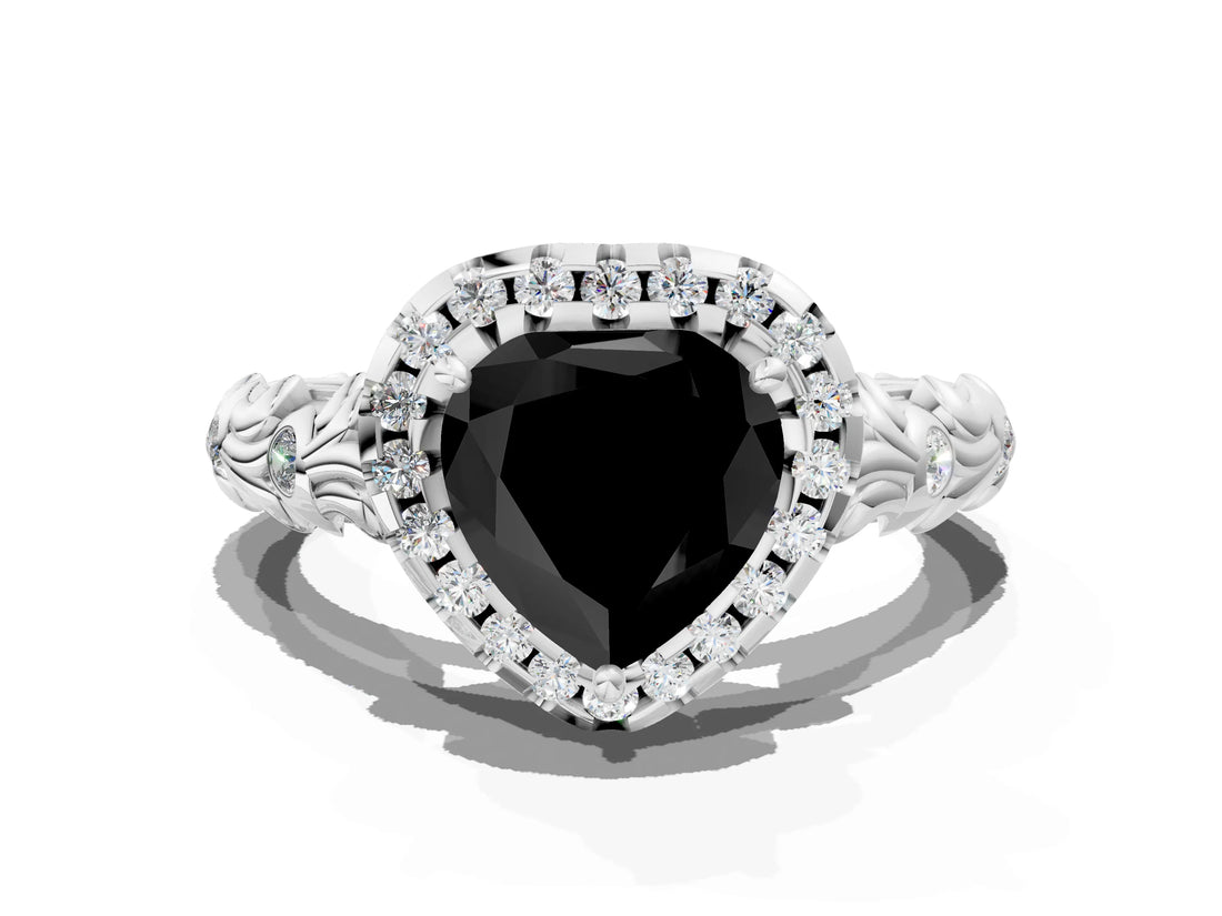 White gold Fancy Black Heart Cut Halo Diamond Solitaire with Filigree Band and Four-Prong Setting