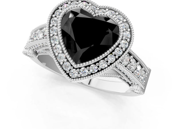 White Gold Heart-Shaped Vintage Bezel Halo Engagement Ring Setting for Black Center