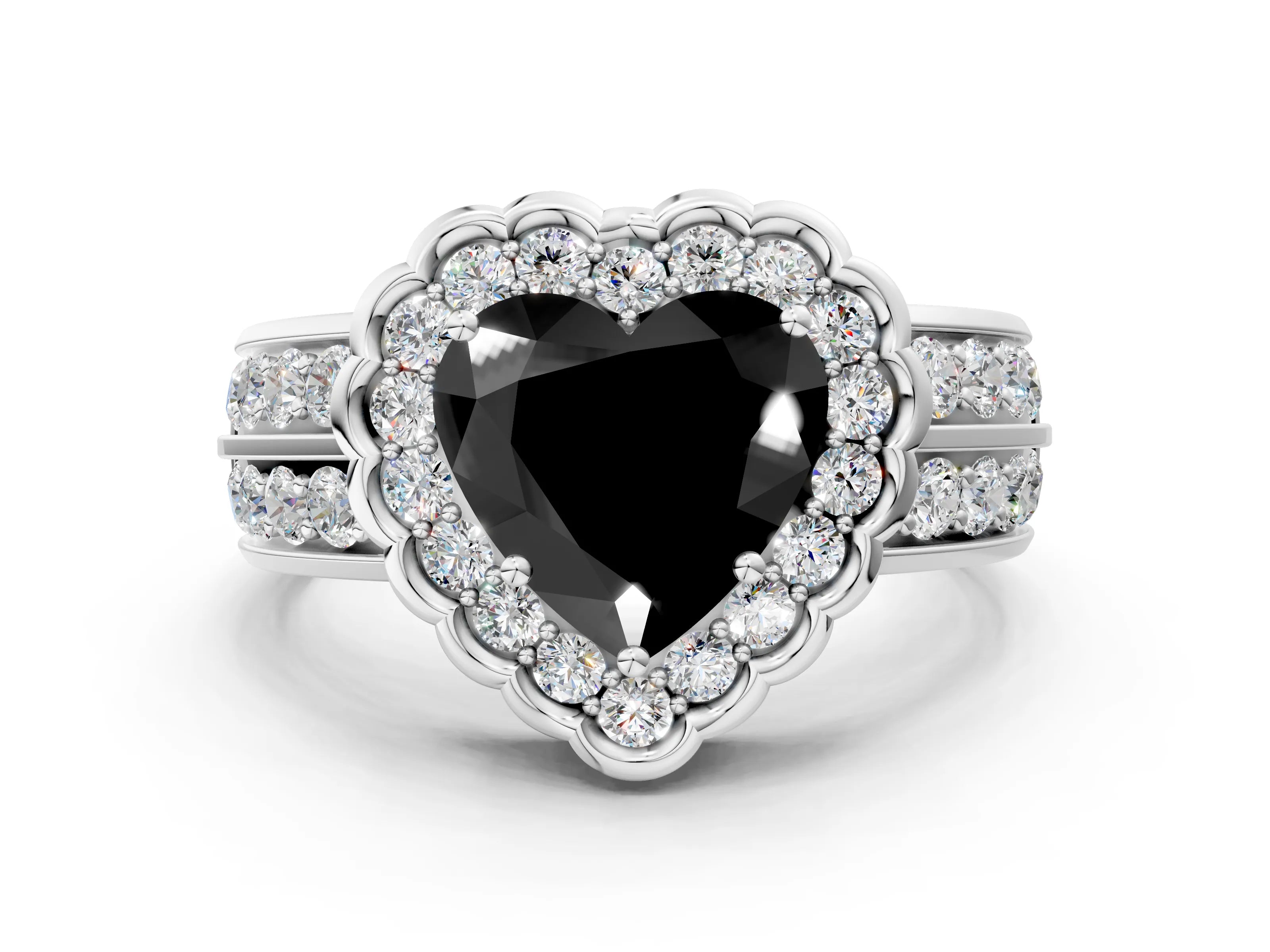 White gold Fancy Black Heart Cut Halo Diamond Split Shank Ring with Scalloped Prong Setting_12