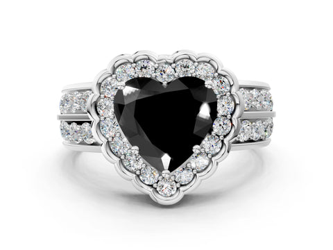 White gold Fancy Black Heart Cut Halo Diamond Split Shank Ring with Scalloped Prong Setting_12