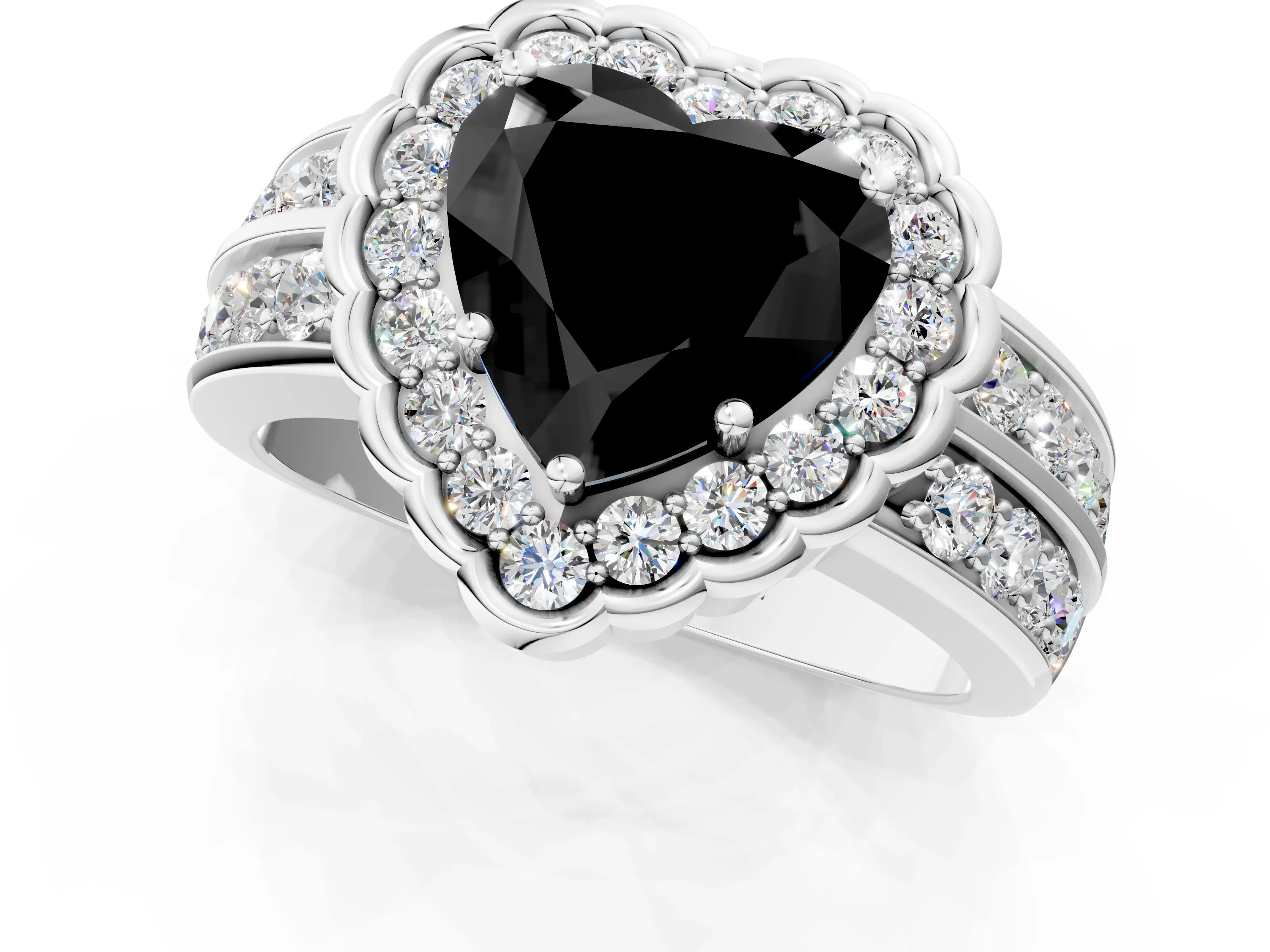 White gold Fancy Black Heart Cut Halo Diamond Split Shank Ring with Scalloped Prong Setting_13