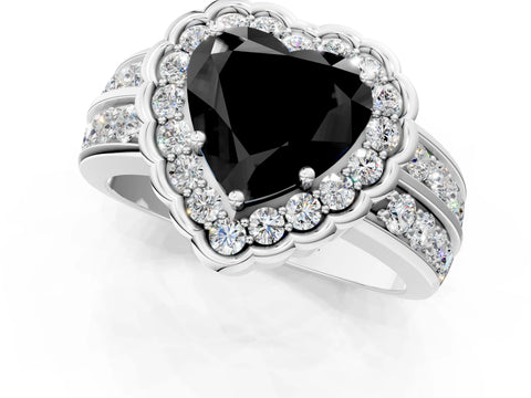 White gold Fancy Black Heart Cut Halo Diamond Split Shank Ring with Scalloped Prong Setting_13