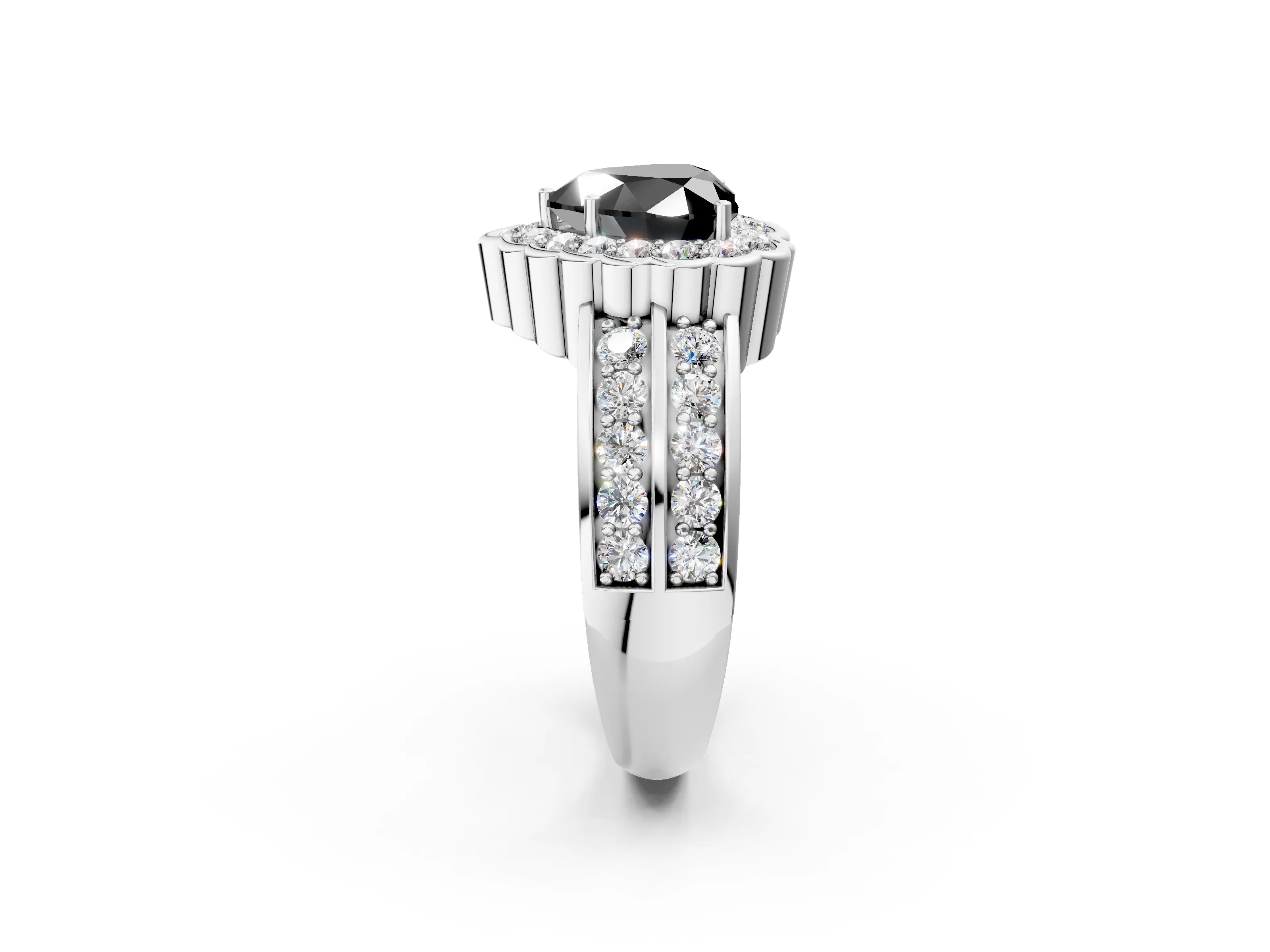 White gold Fancy Black Heart Cut Halo Diamond Split Shank Ring with Scalloped Prong Setting_14