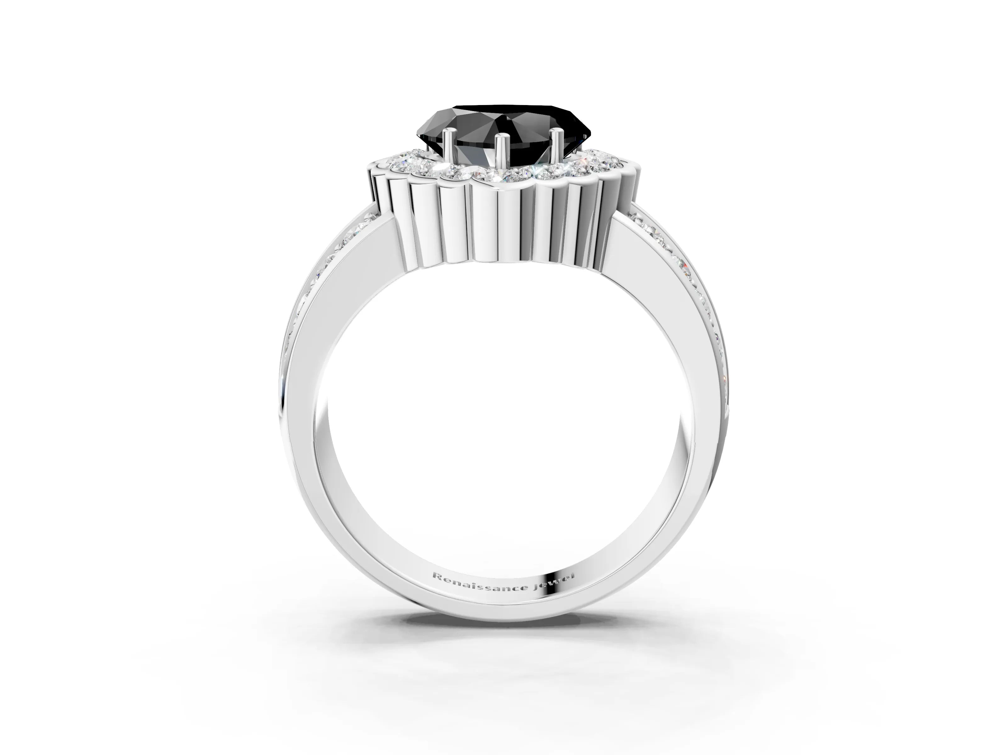 White gold Fancy Black Heart Cut Halo Diamond Split Shank Ring with Scalloped Prong Setting_15