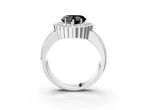 White gold Fancy Black Heart Cut Halo Diamond Split Shank Ring with Scalloped Prong Setting_15