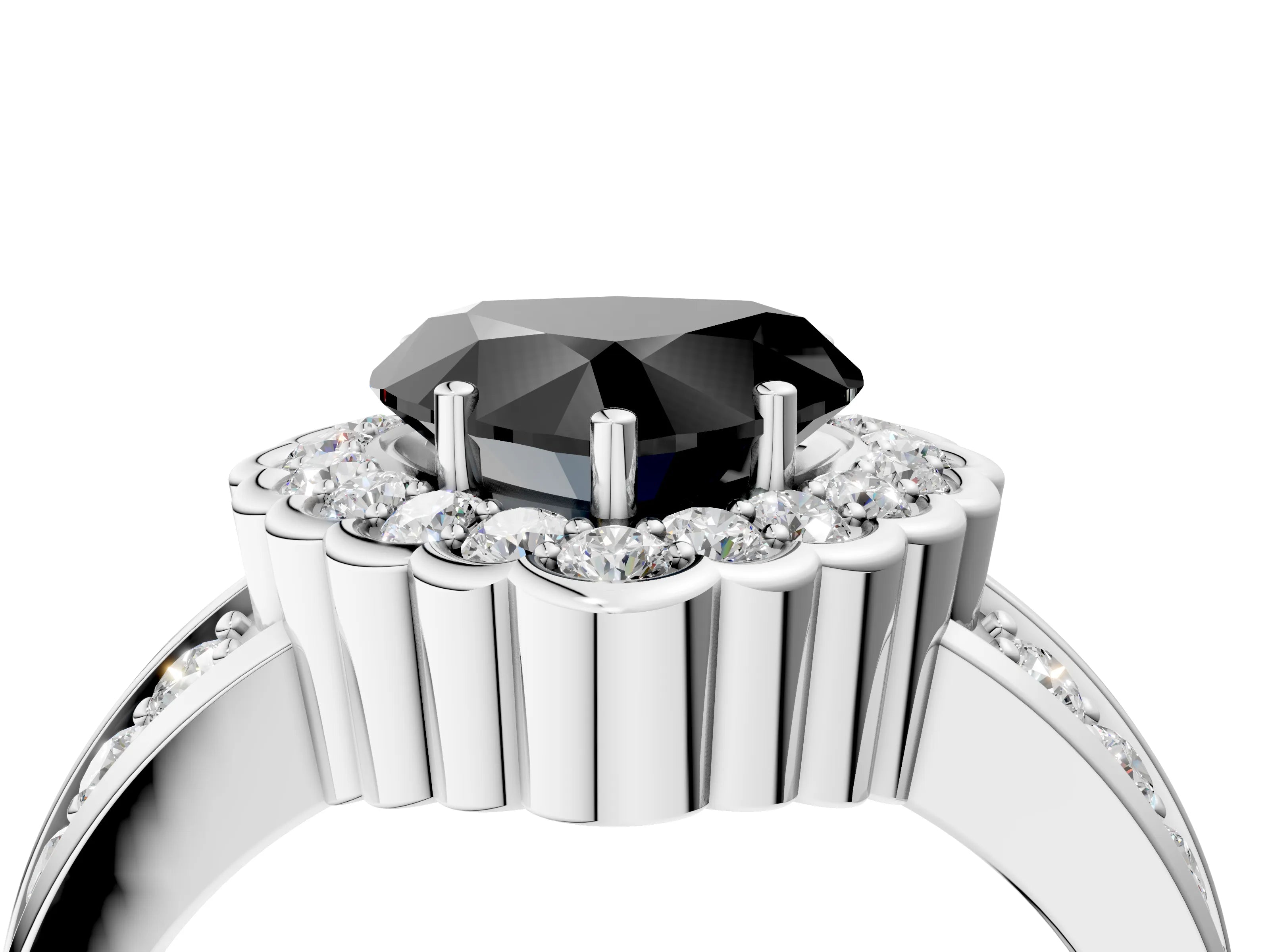 White gold Fancy Black Heart Cut Halo Diamond Split Shank Ring with Scalloped Prong Setting_16