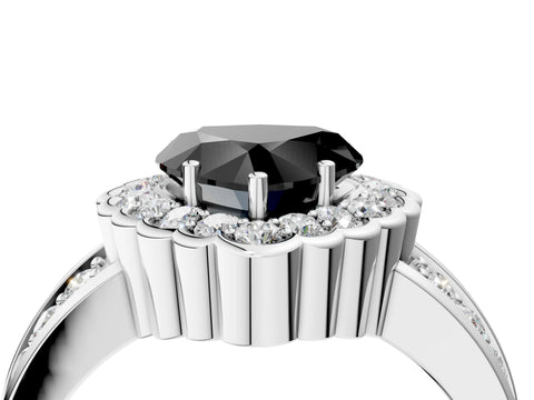 White gold Fancy Black Heart Cut Halo Diamond Split Shank Ring with Scalloped Prong Setting_16