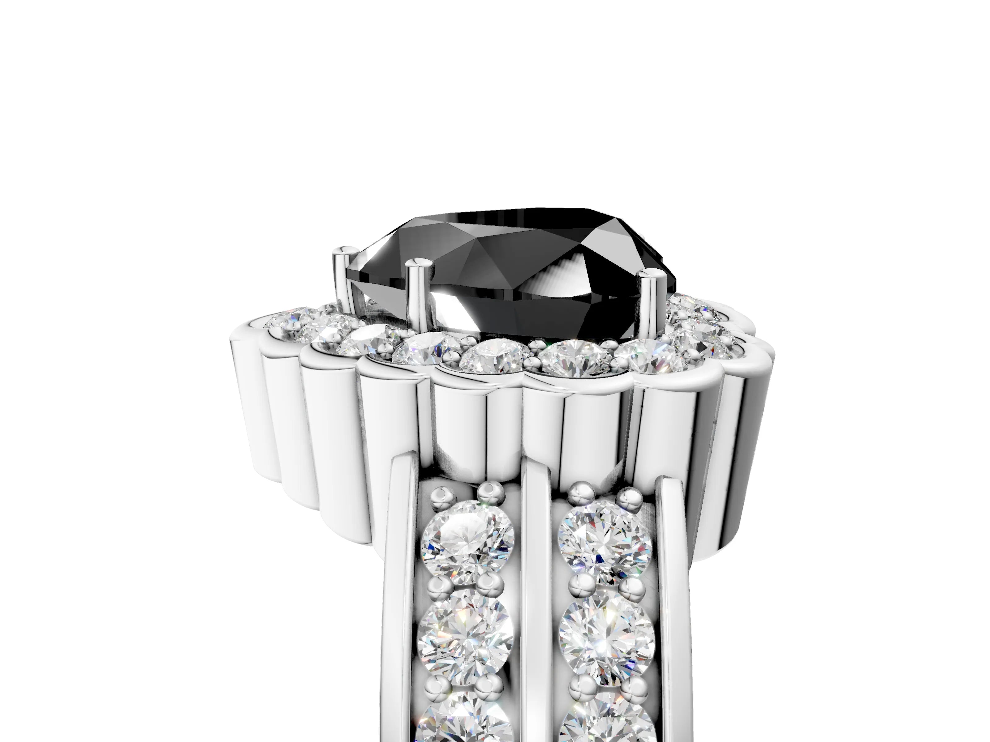 White gold Fancy Black Heart Cut Halo Diamond Split Shank Ring with Scalloped Prong Setting_17