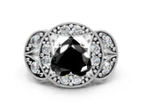 White gold Fancy Black Heart Cut Halo Milgrain Diamond Engagement Ring with Leaf Band and Four-Prong Setting