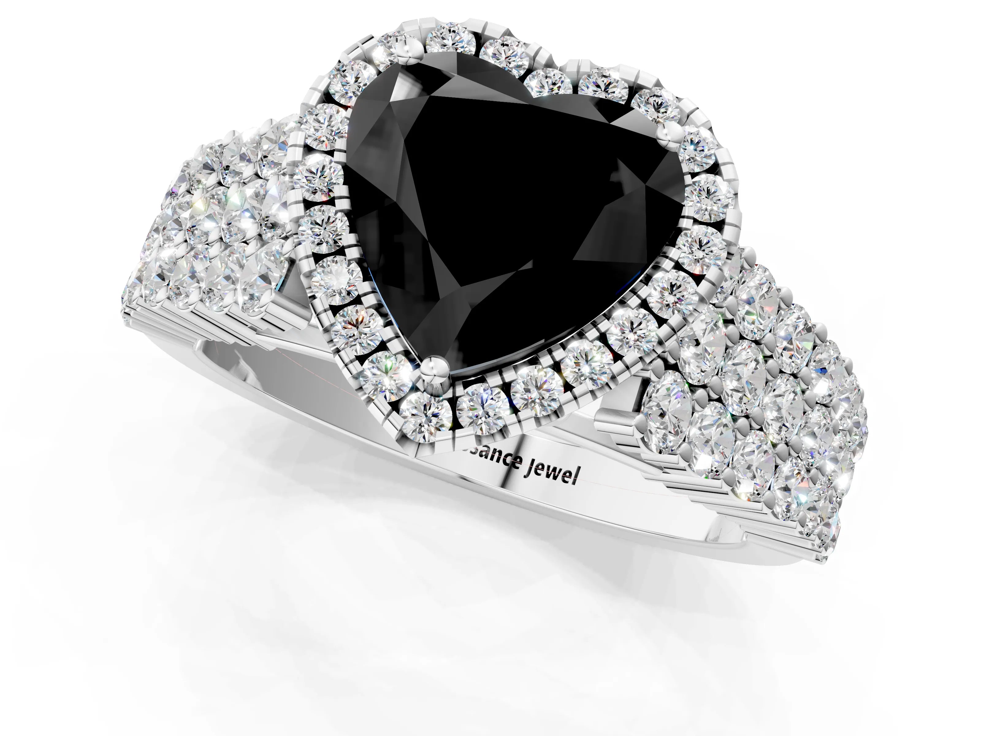 White gold Fancy Black Heart Cut Halo Pavé Diamond Engagement Ring with Split Shank and Four-Prong Setting_4