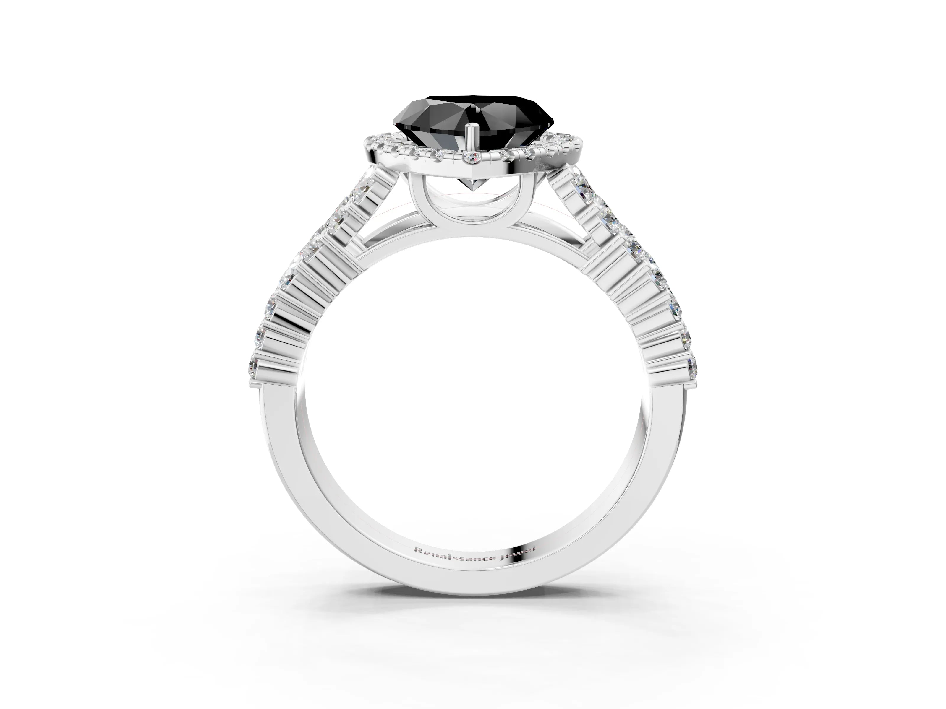 White gold Fancy Black Heart Cut Halo Pavé Diamond Engagement Ring with Split Shank and Four-Prong Setting_6