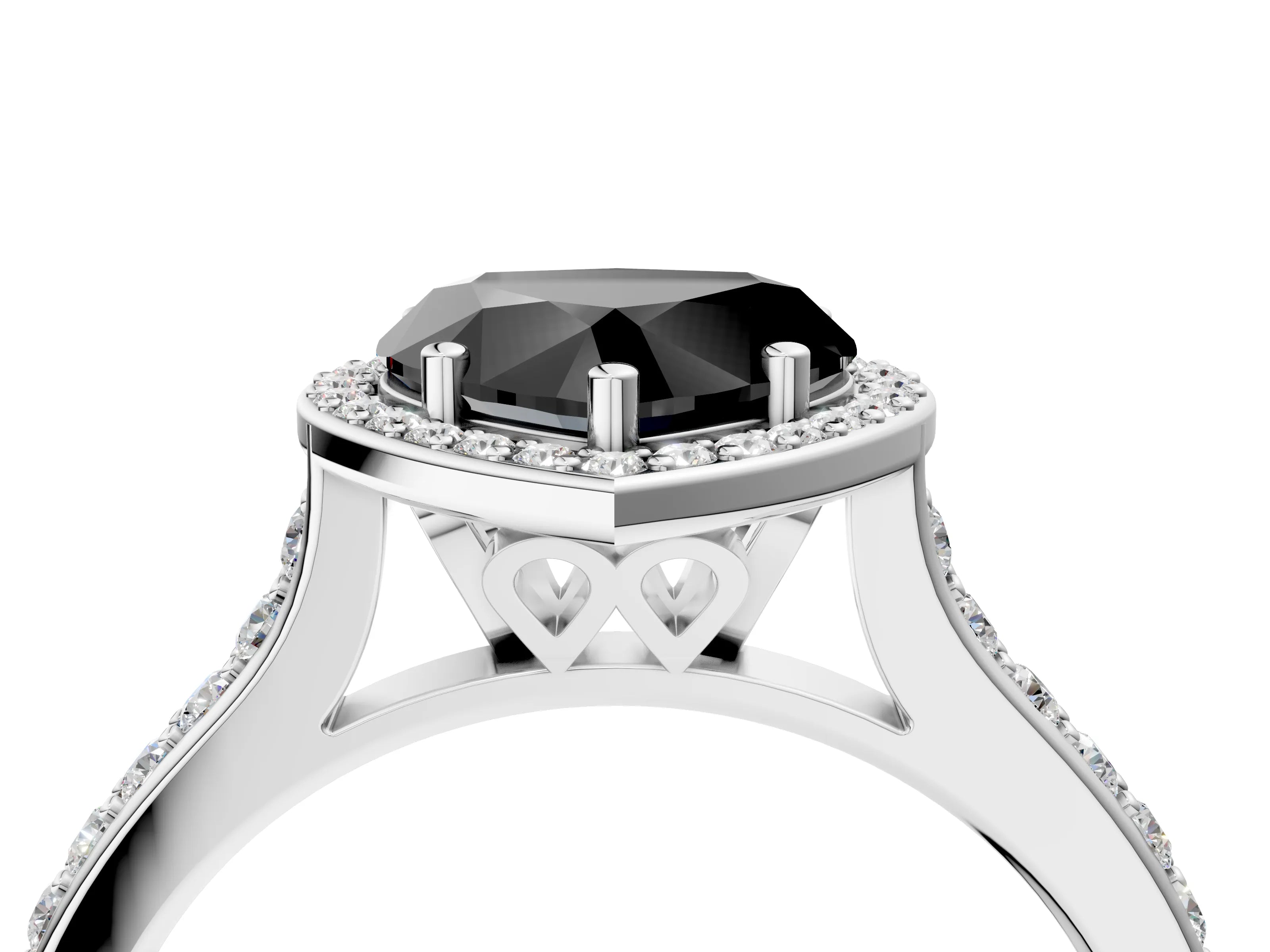 White gold Fancy Black Heart Cut Halo Round Diamond Pavé Band with Four-Prong Setting_19
