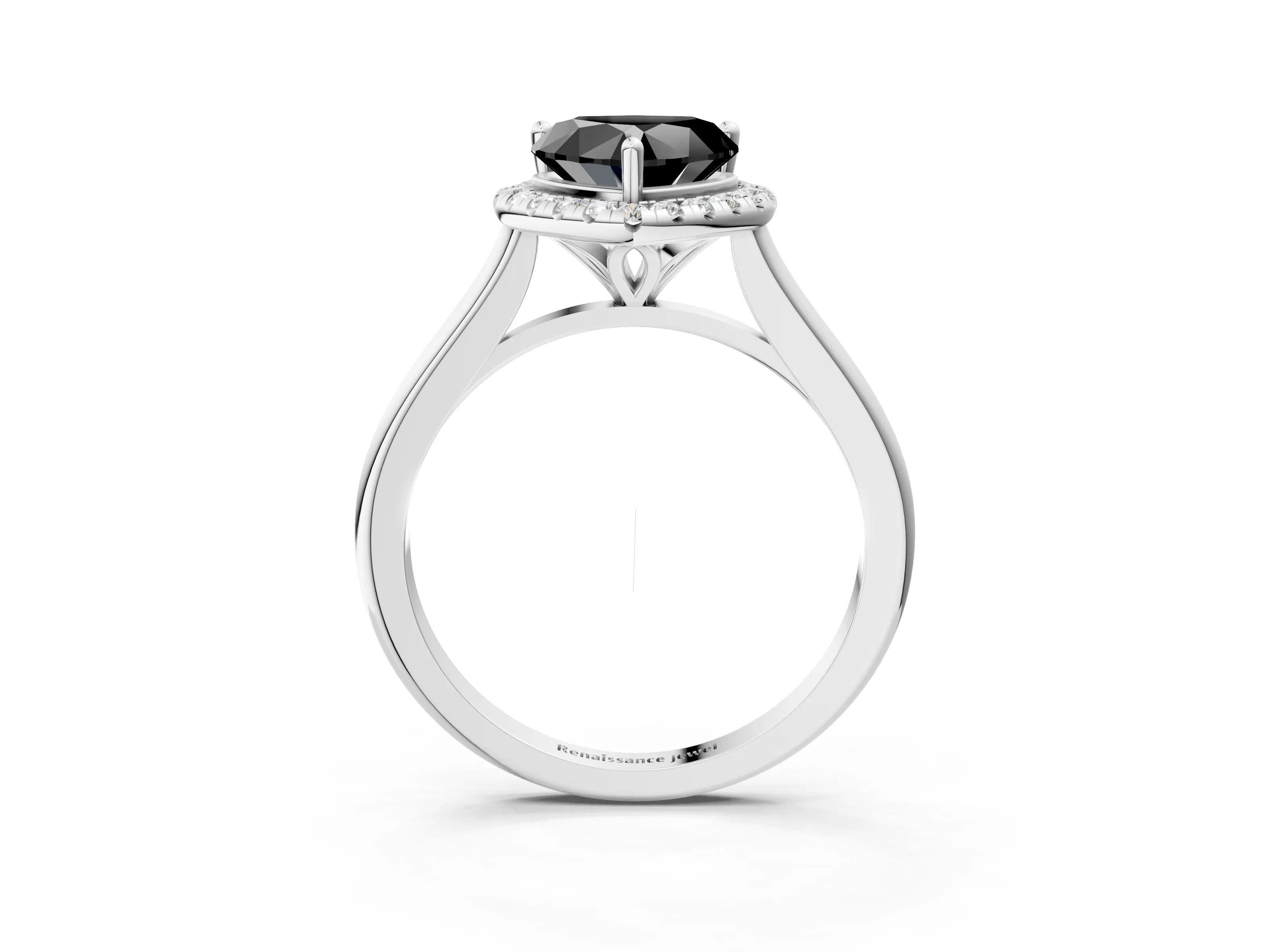 White gold Fancy Black Heart Cut Halo Round Diamond Solitaire Engagement Ring with Pave Band and Four-Prong Setting_15