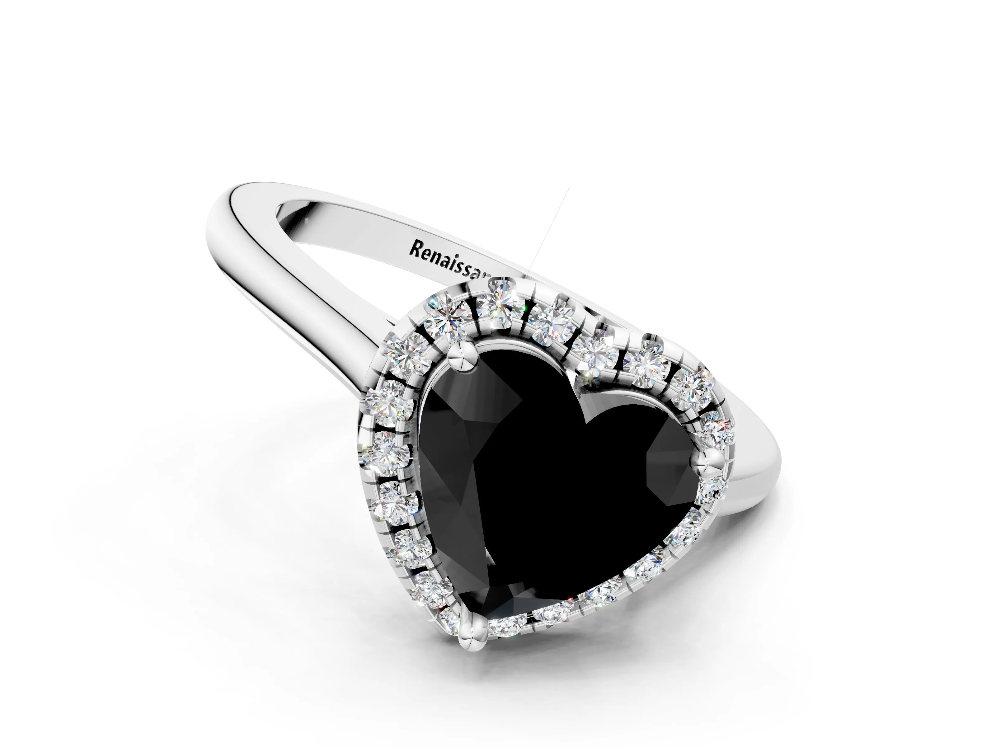 White gold Fancy Black Heart Cut Halo Round Diamond Solitaire Engagement Ring with Pave Band and Four-Prong Setting_24