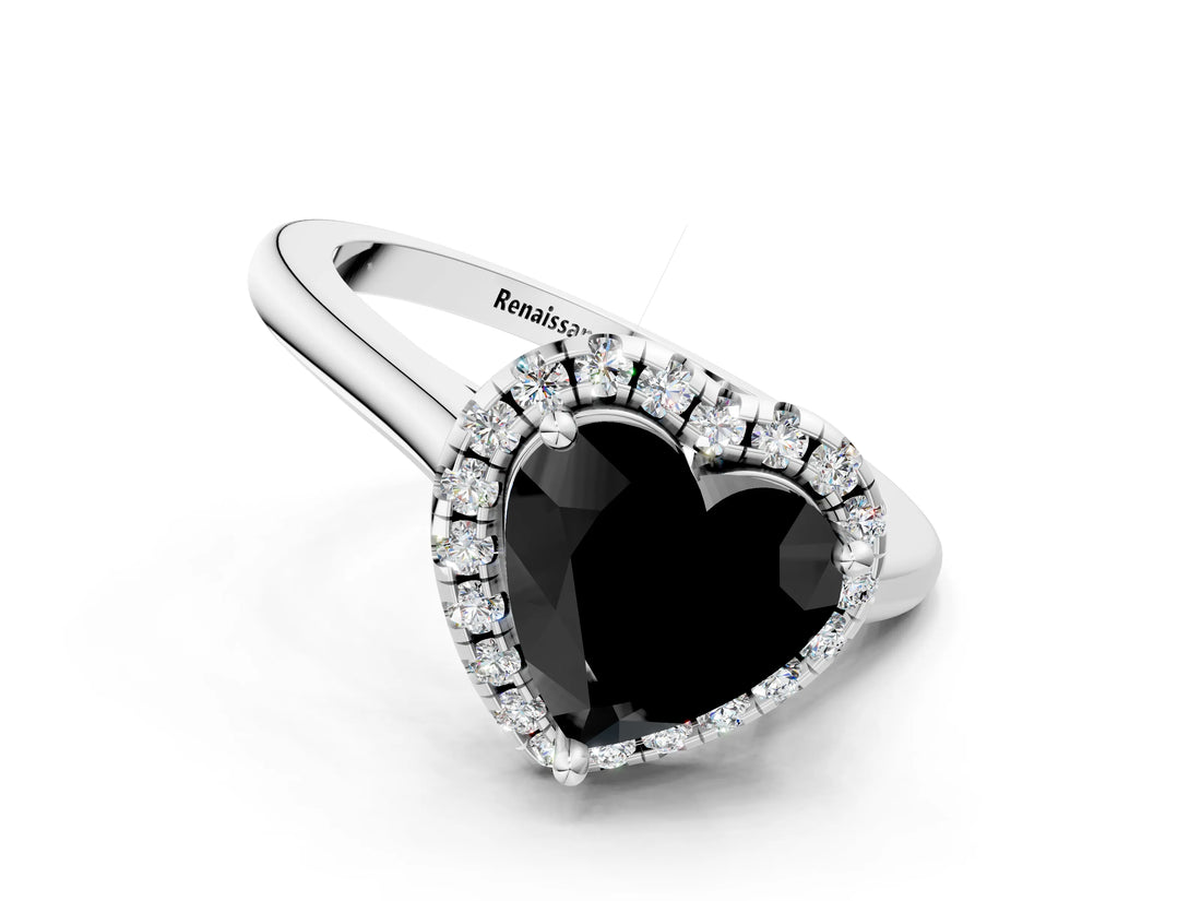White gold Fancy Black Heart Cut Halo Round Diamond Solitaire Engagement Ring with Pave Band and Four-Prong Setting_25