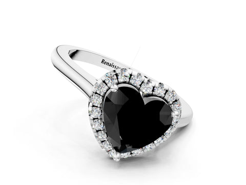 White gold Fancy Black Heart Cut Halo Round Diamond Solitaire Engagement Ring with Pave Band and Four-Prong Setting_25