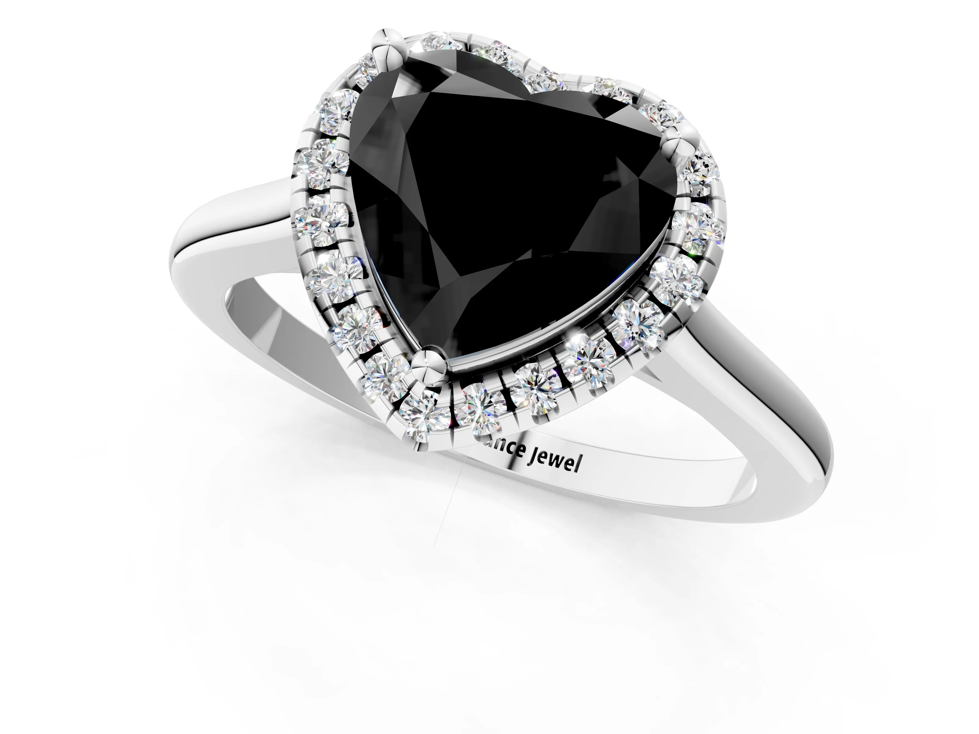 White gold Fancy Black Heart Cut Halo Round Diamond Solitaire Engagement Ring with Pave Band and Four-Prong Setting_26