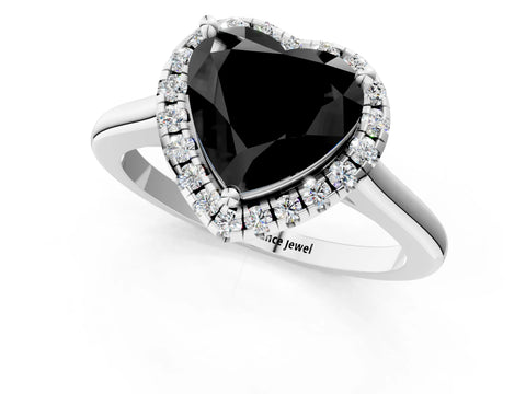 White gold Fancy Black Heart Cut Halo Round Diamond Solitaire Engagement Ring with Pave Band and Four-Prong Setting_26