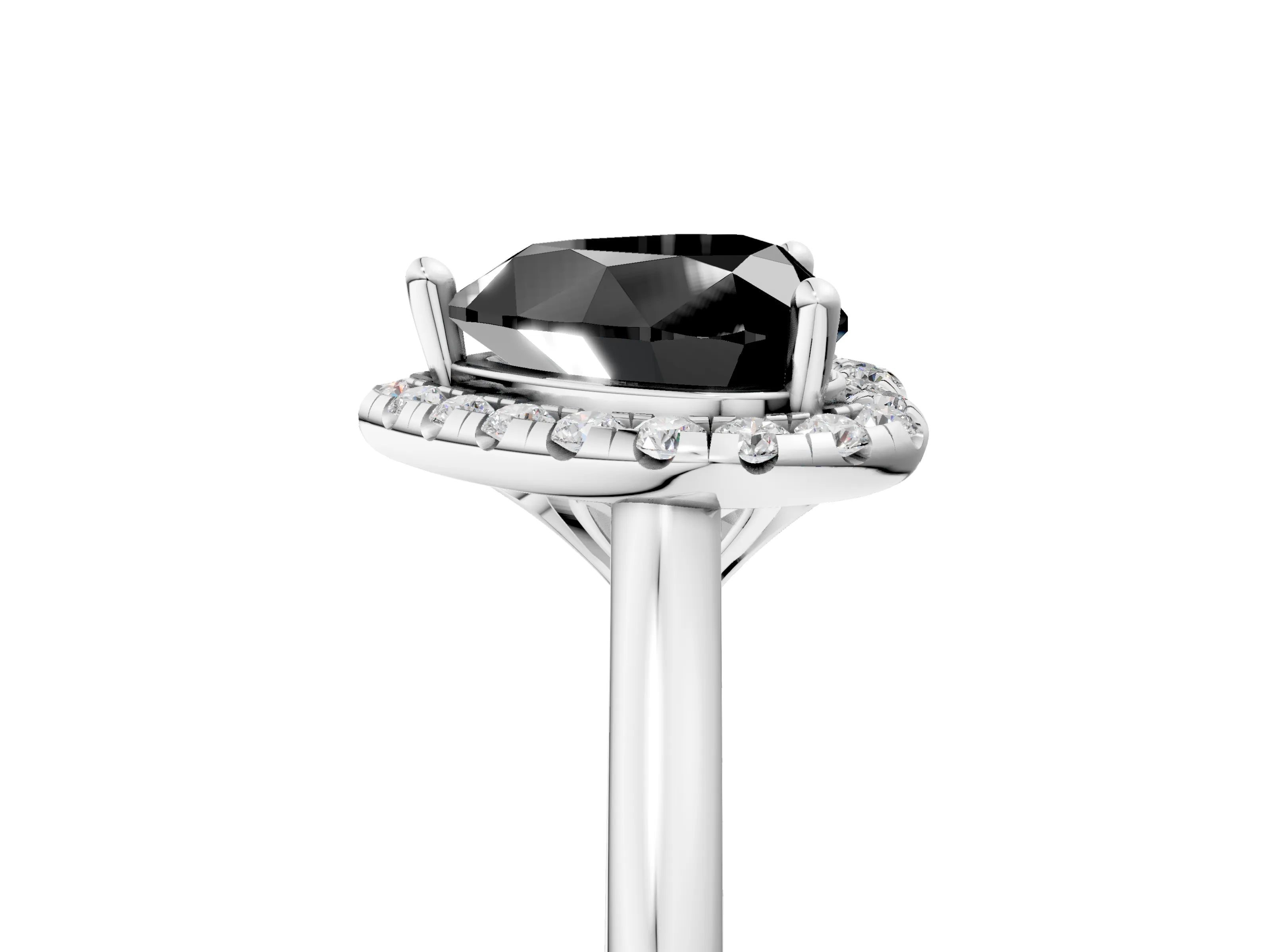 White gold Fancy Black Heart Cut Halo Round Diamond Solitaire Engagement Ring with Pave Band and Four-Prong Setting_30