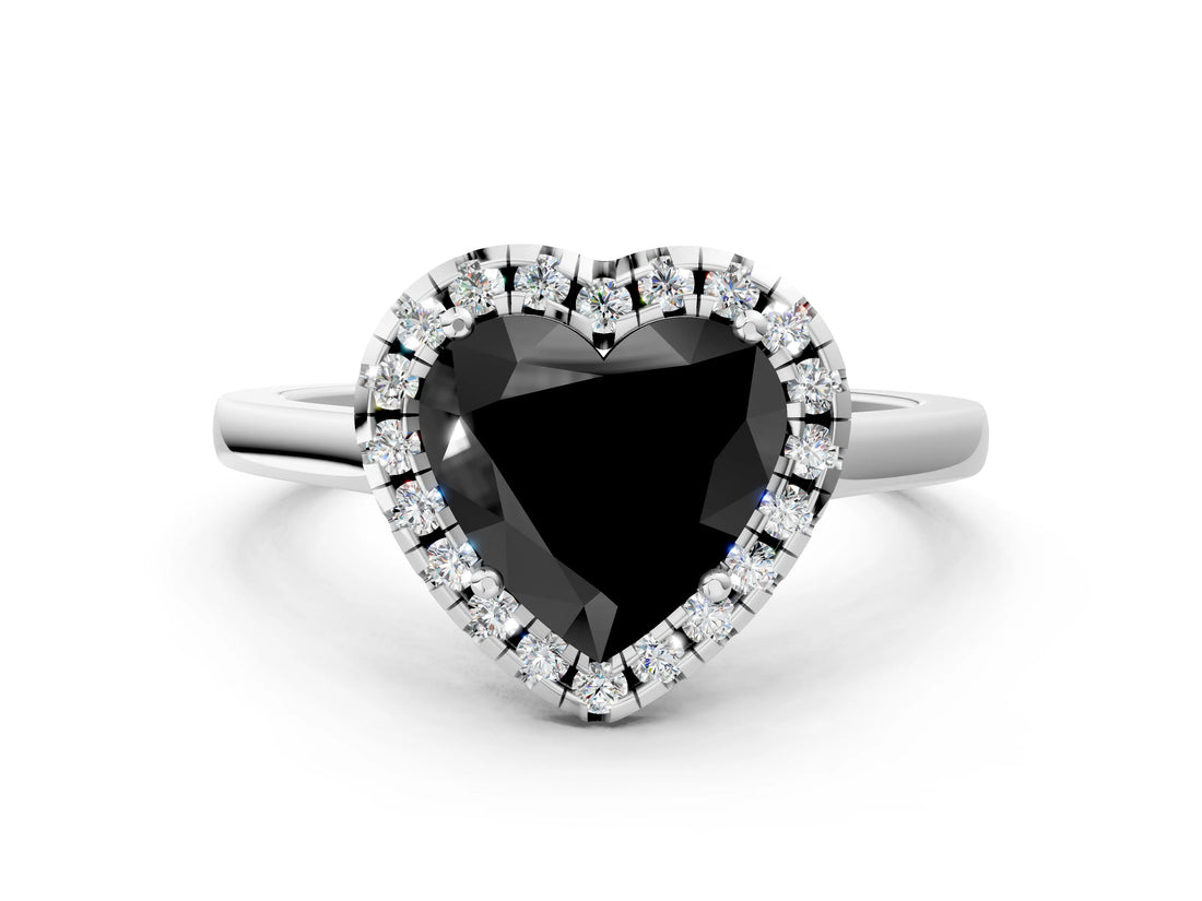 White gold Fancy Black Heart Cut Halo Round Diamond Solitaire Ring with Pavé Band and Four-Prong Setting_12