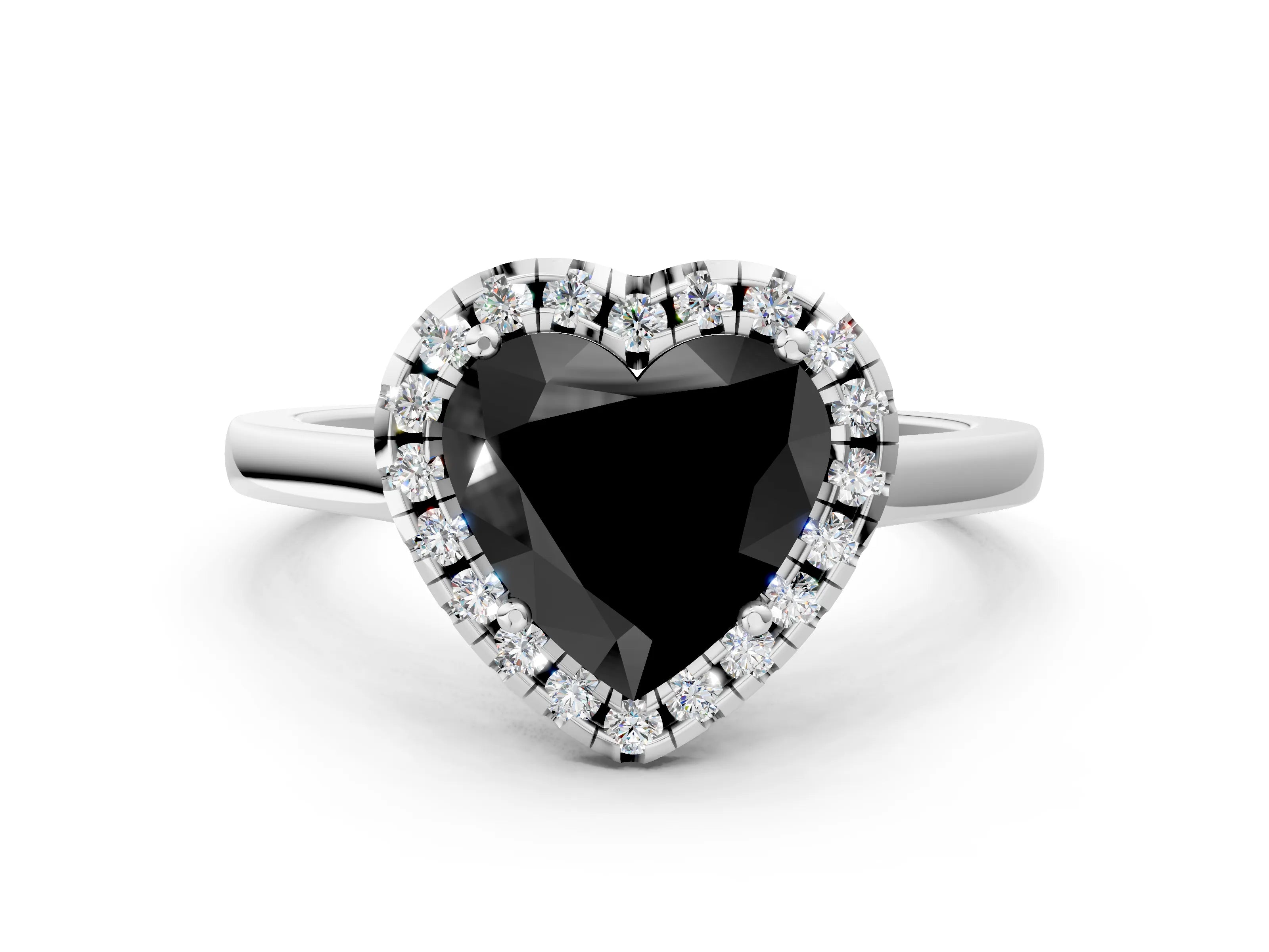 White gold Fancy Black Heart Cut Halo Round Diamond Solitaire Ring with Pavé Band and Four-Prong Setting_12