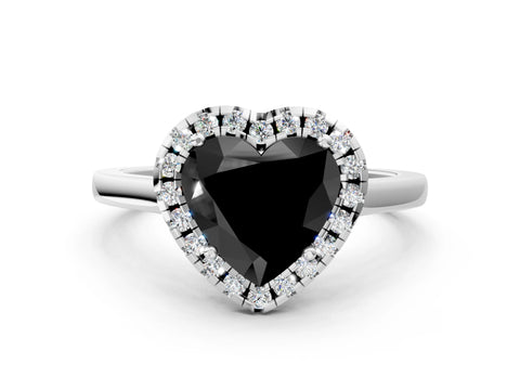 White gold Fancy Black Heart Cut Halo Round Diamond Solitaire Ring with Pavé Band and Four-Prong Setting_12