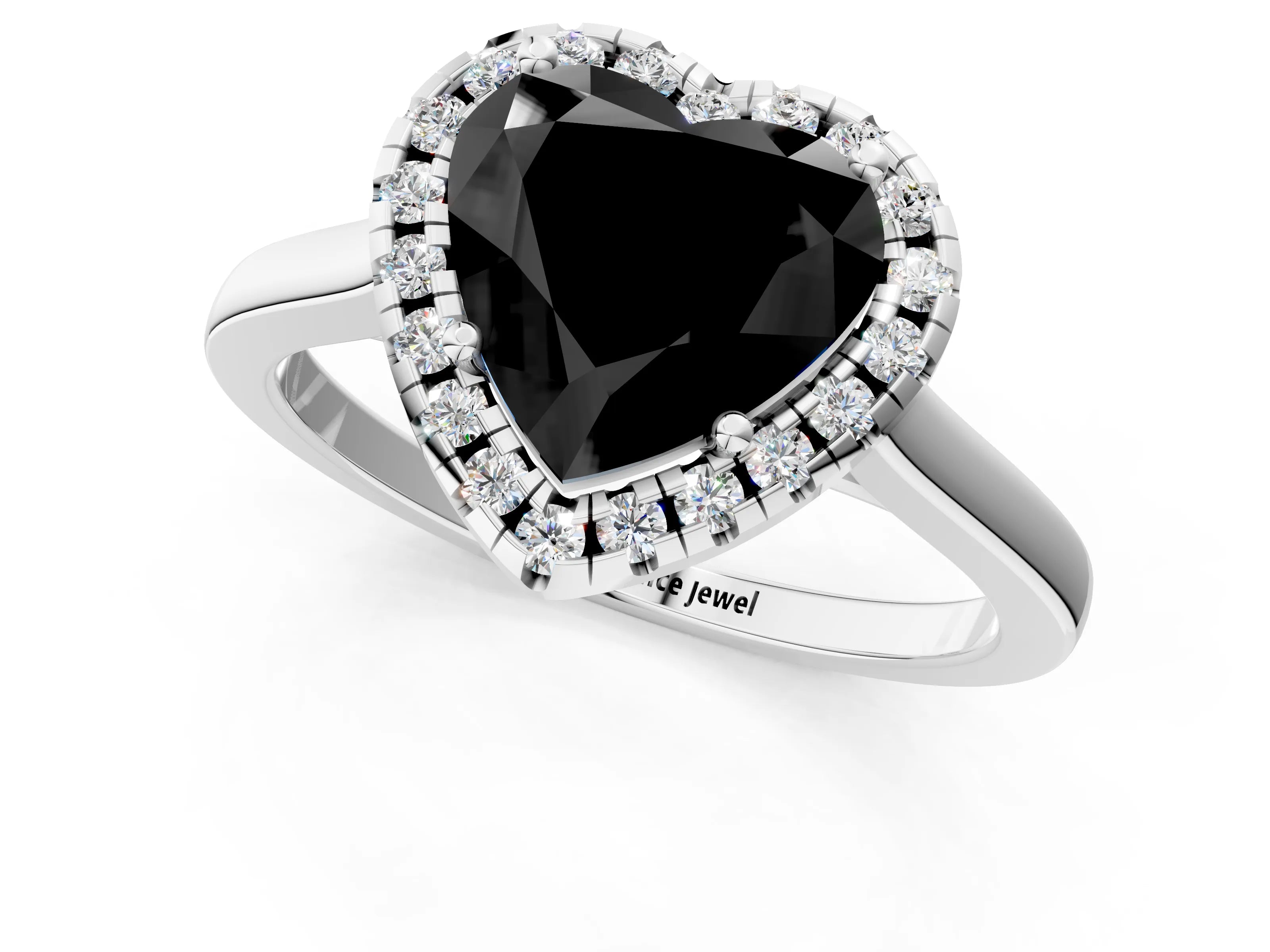 White gold Fancy Black Heart Cut Halo Round Diamond Solitaire Ring with Pavé Band and Four-Prong Setting_13