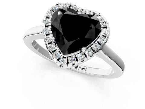 White gold Fancy Black Heart Cut Halo Round Diamond Solitaire Ring with Pavé Band and Four-Prong Setting_13