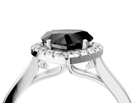 White gold Fancy Black Heart Cut Halo Round Diamond Solitaire Ring with Pavé Band and Four-Prong Setting_16