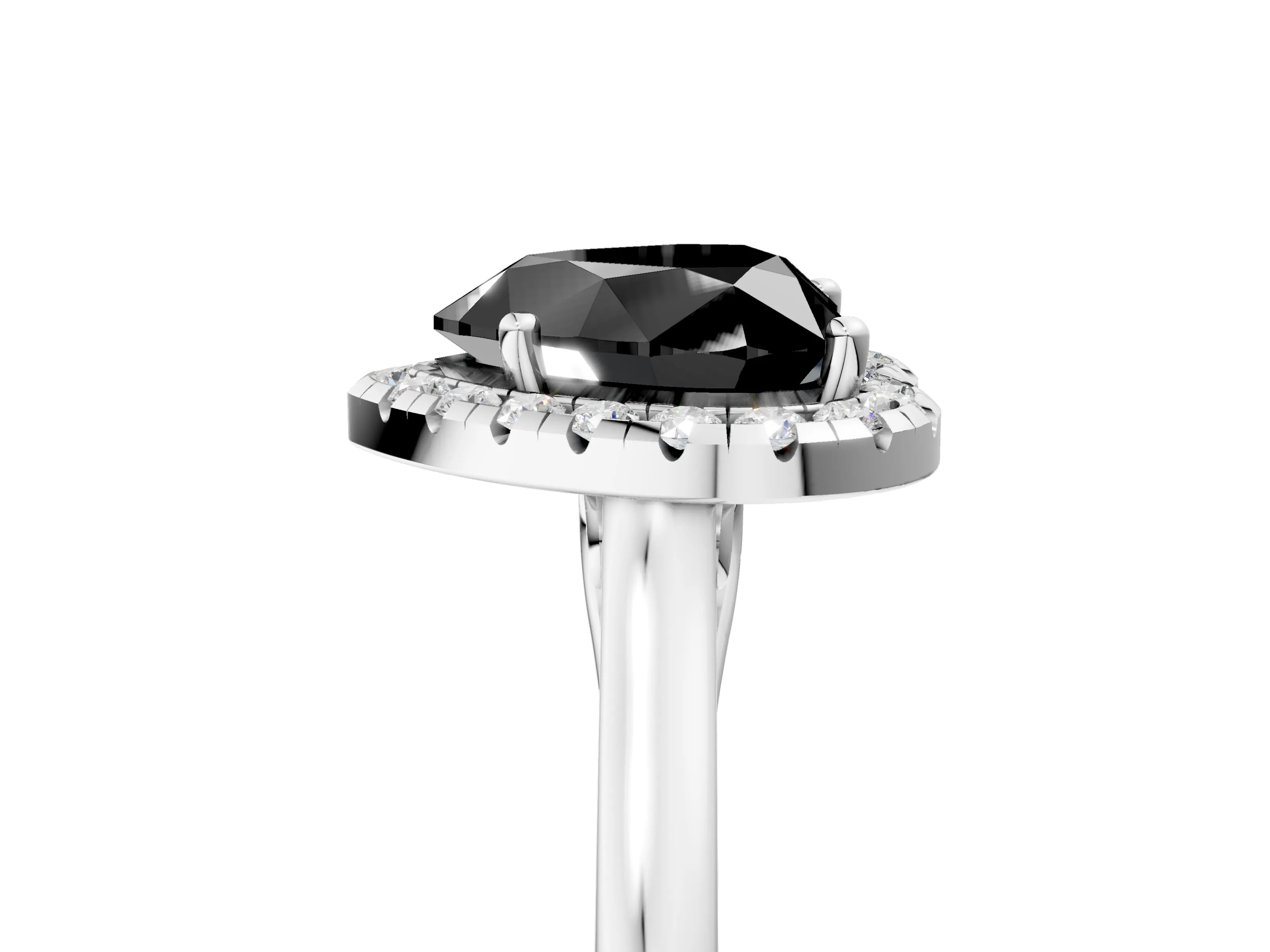 White gold Fancy Black Heart Cut Halo Round Diamond Solitaire Ring with Pavé Band and Four-Prong Setting_17