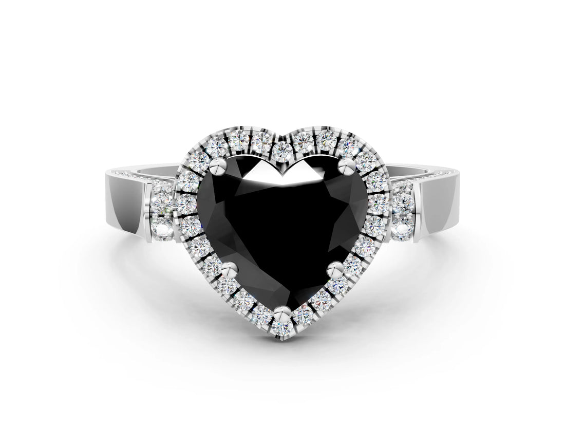 White gold Fancy Black Heart Cut Halo Round Diamond Twist Band with Four-Prong Setting_24