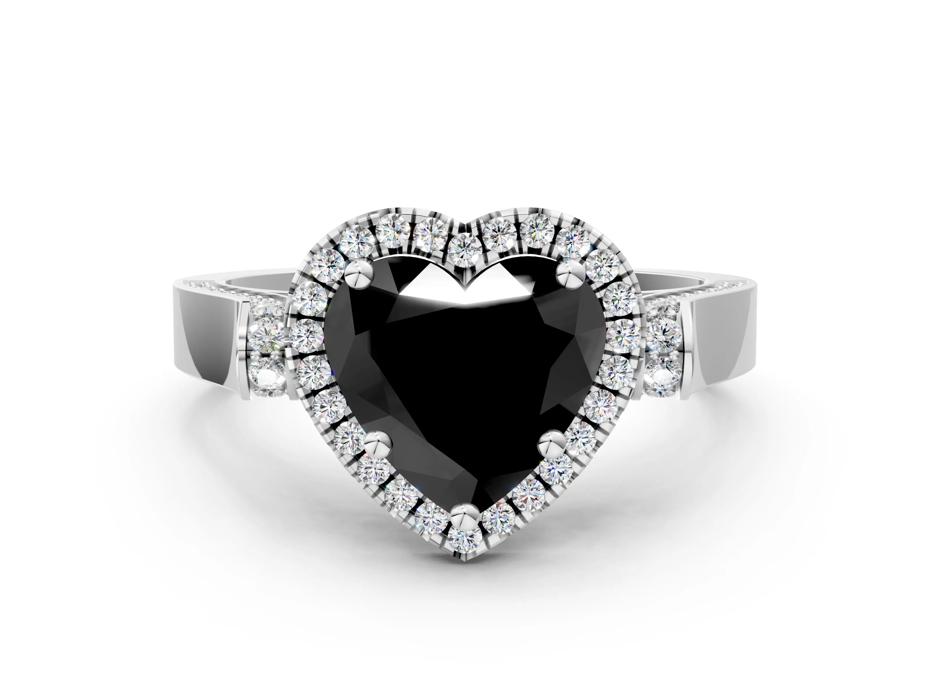 White gold Fancy Black Heart Cut Halo Round Diamond Twist Band with Four-Prong Setting_24