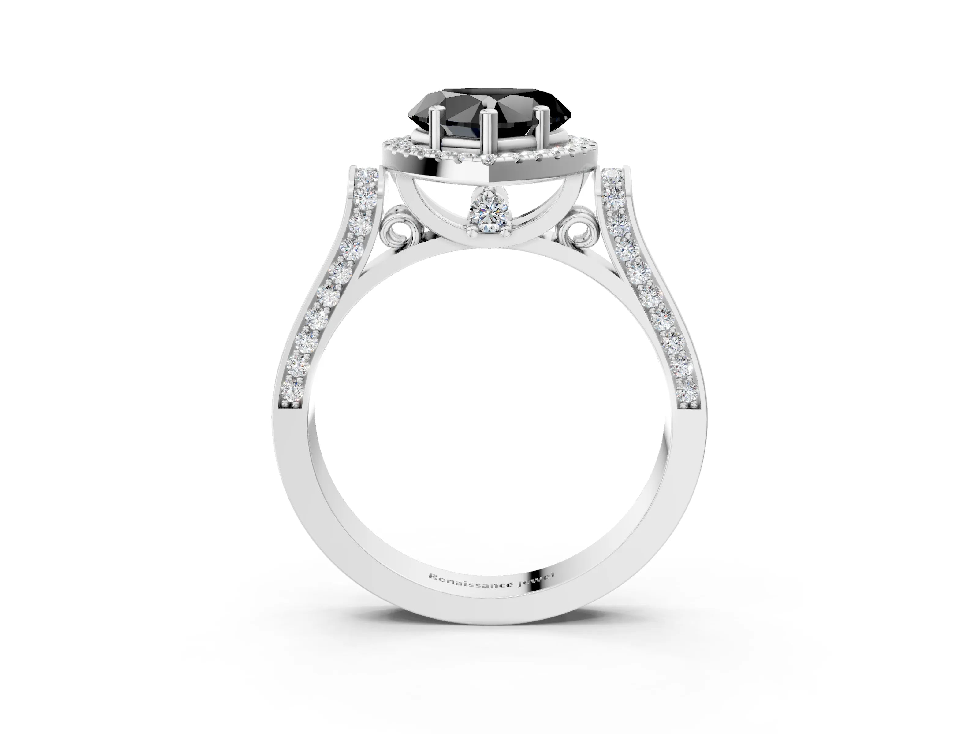 White gold Fancy Black Heart Cut Halo Round Diamond Twist Band with Four-Prong Setting_27