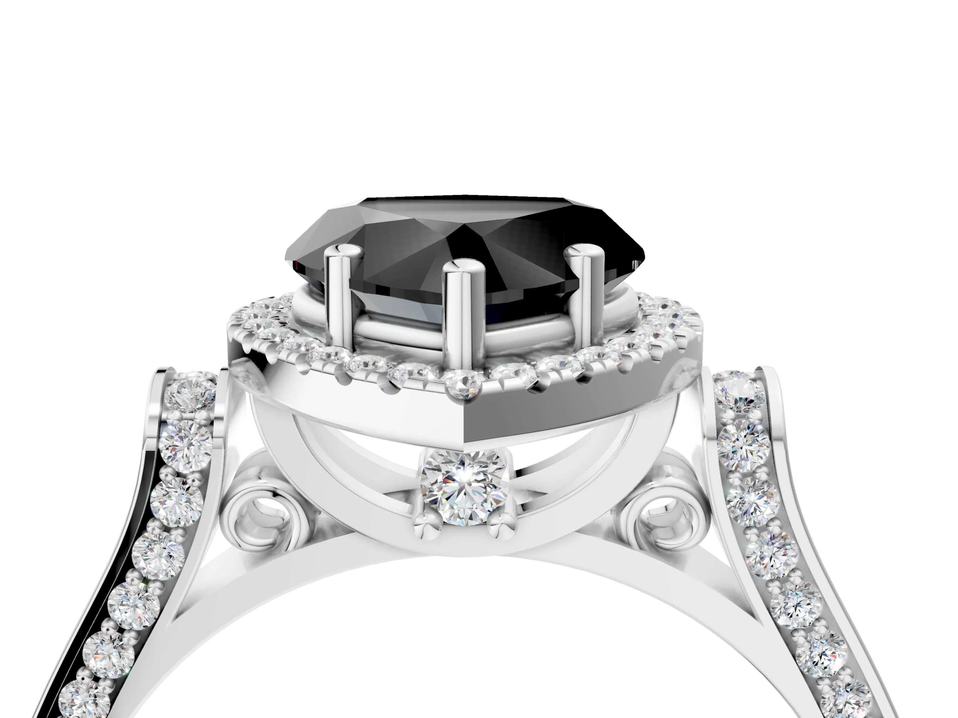 White gold Fancy Black Heart Cut Halo Round Diamond Twist Band with Four-Prong Setting_28