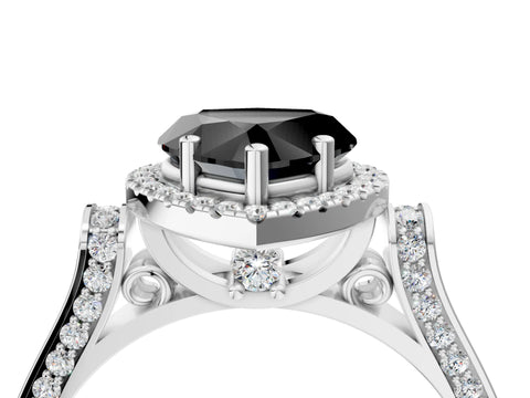 White gold Fancy Black Heart Cut Halo Round Diamond Twist Band with Four-Prong Setting_28