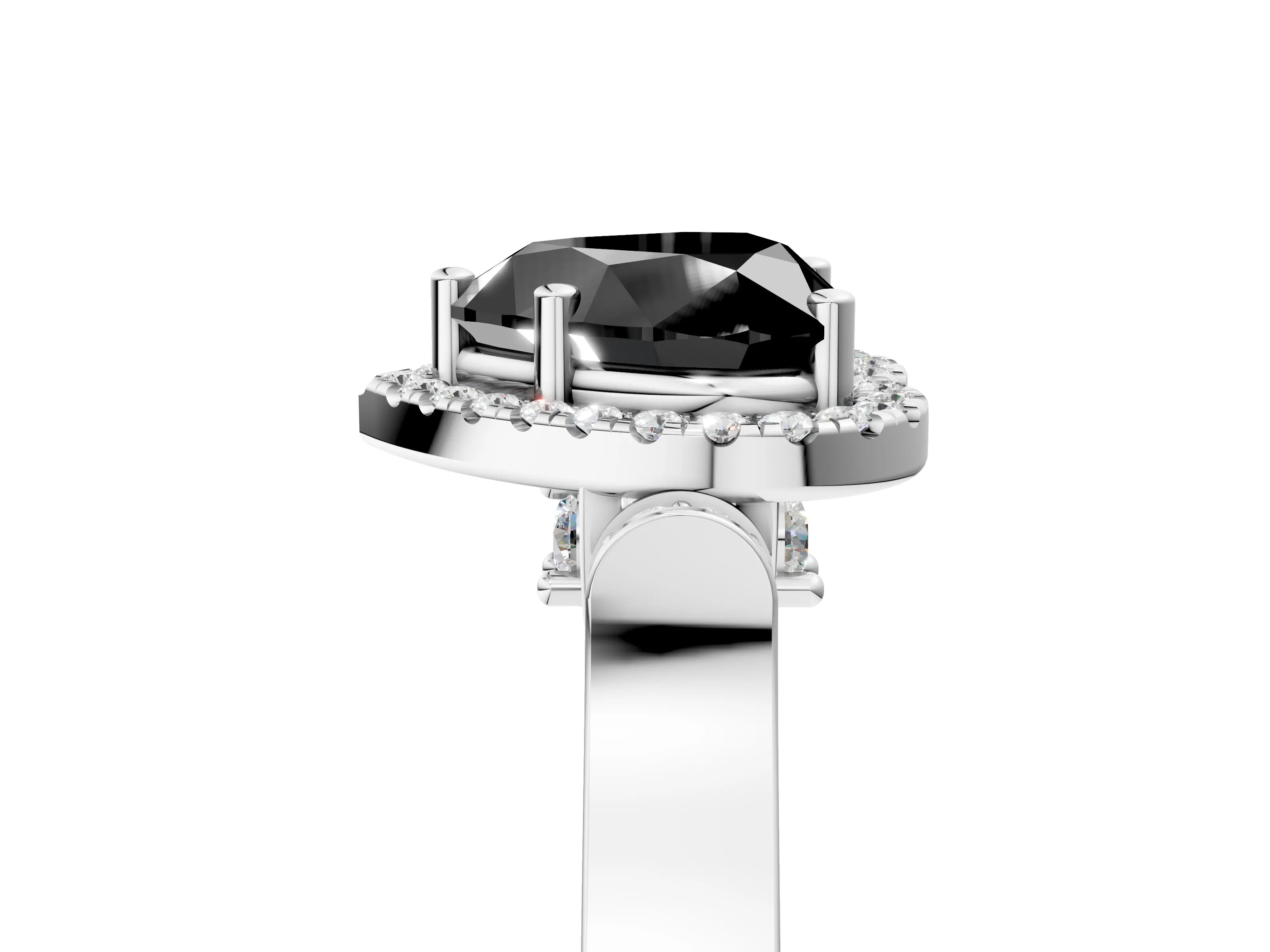 White gold Fancy Black Heart Cut Halo Round Diamond Twist Band with Four-Prong Setting_29